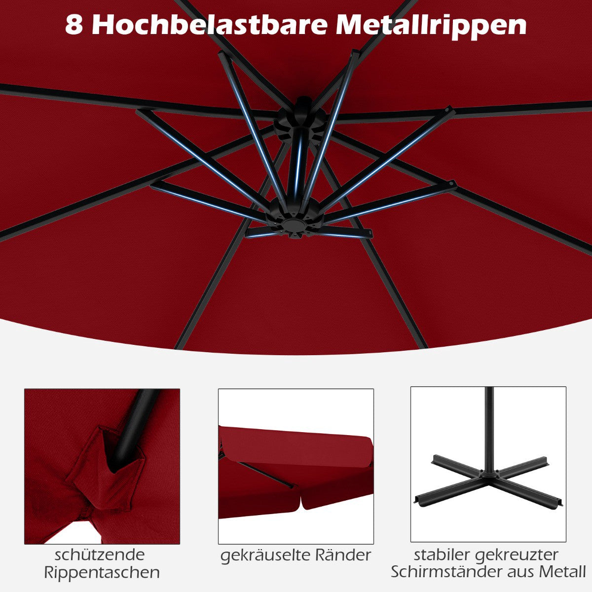 Offset Patio Umbrella 305 cm with Cover, Crank, Red