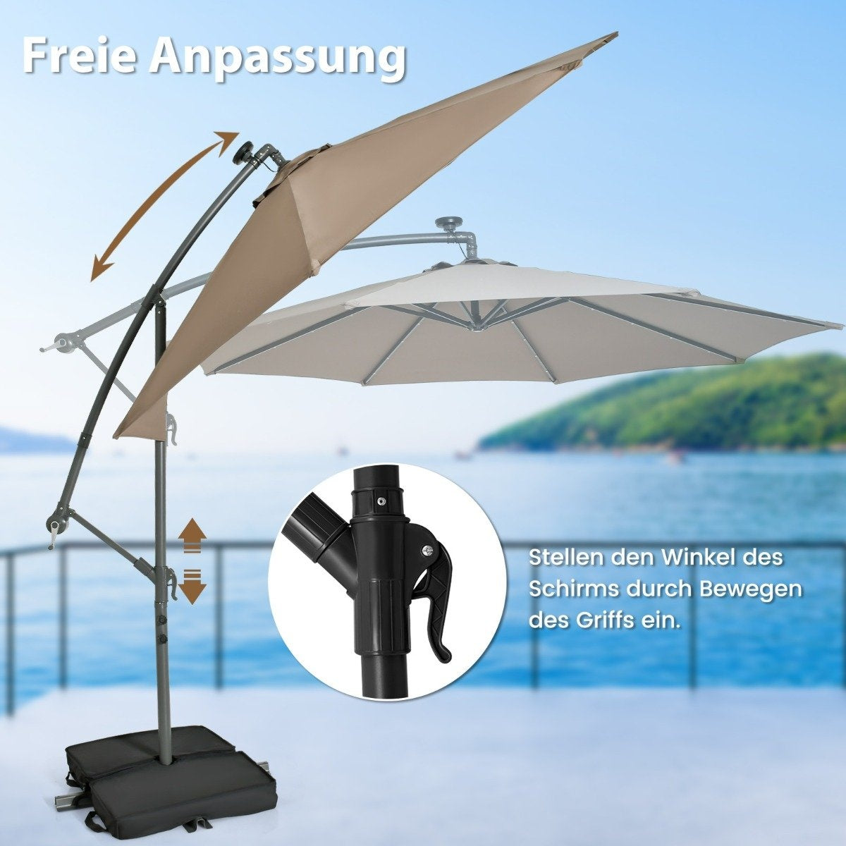 Offset Patio Umbrella, 3m, Solar LED, UV Protection, Brown