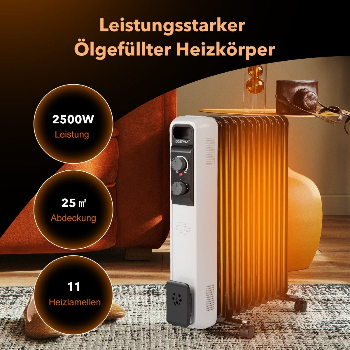 Oil-filled radiator electric heater with 3 heating levels 49 x 24 x 62 cm black