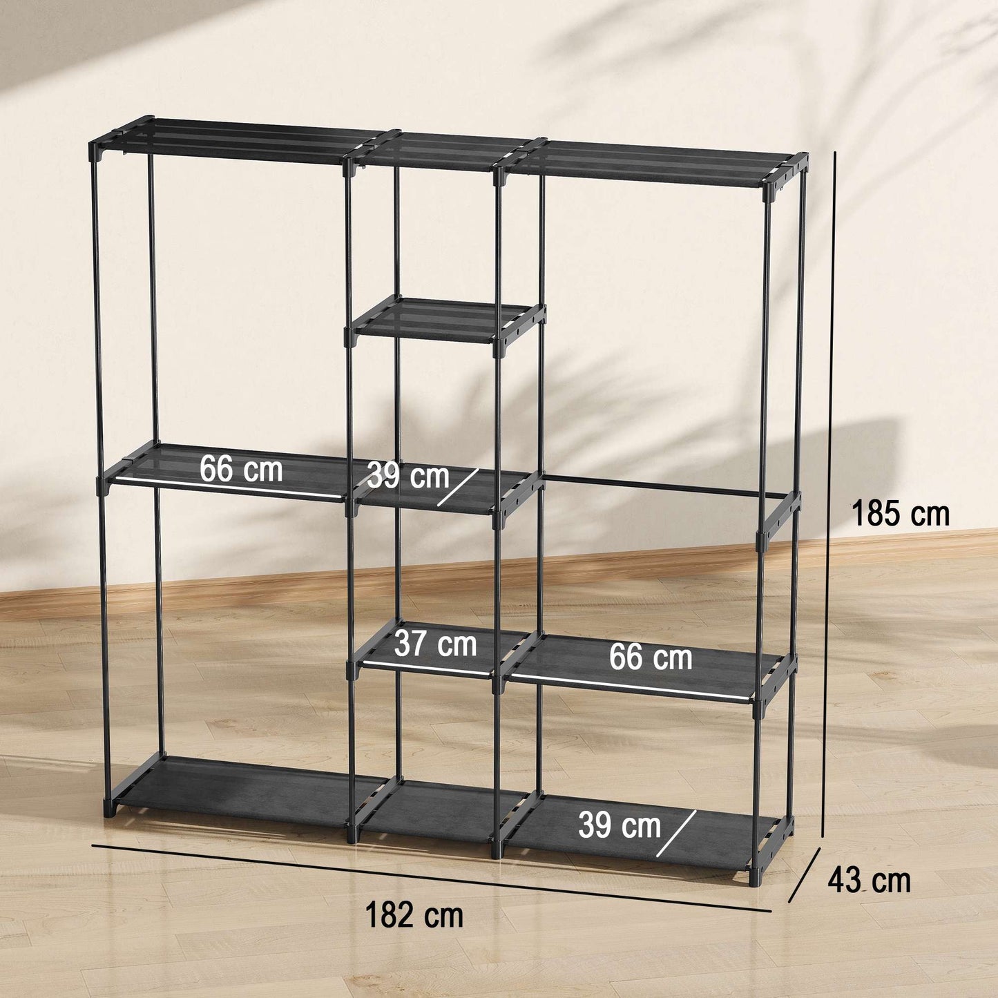 Open Wardrobe with 4 Shelves, 2 Hanging Sections, Black