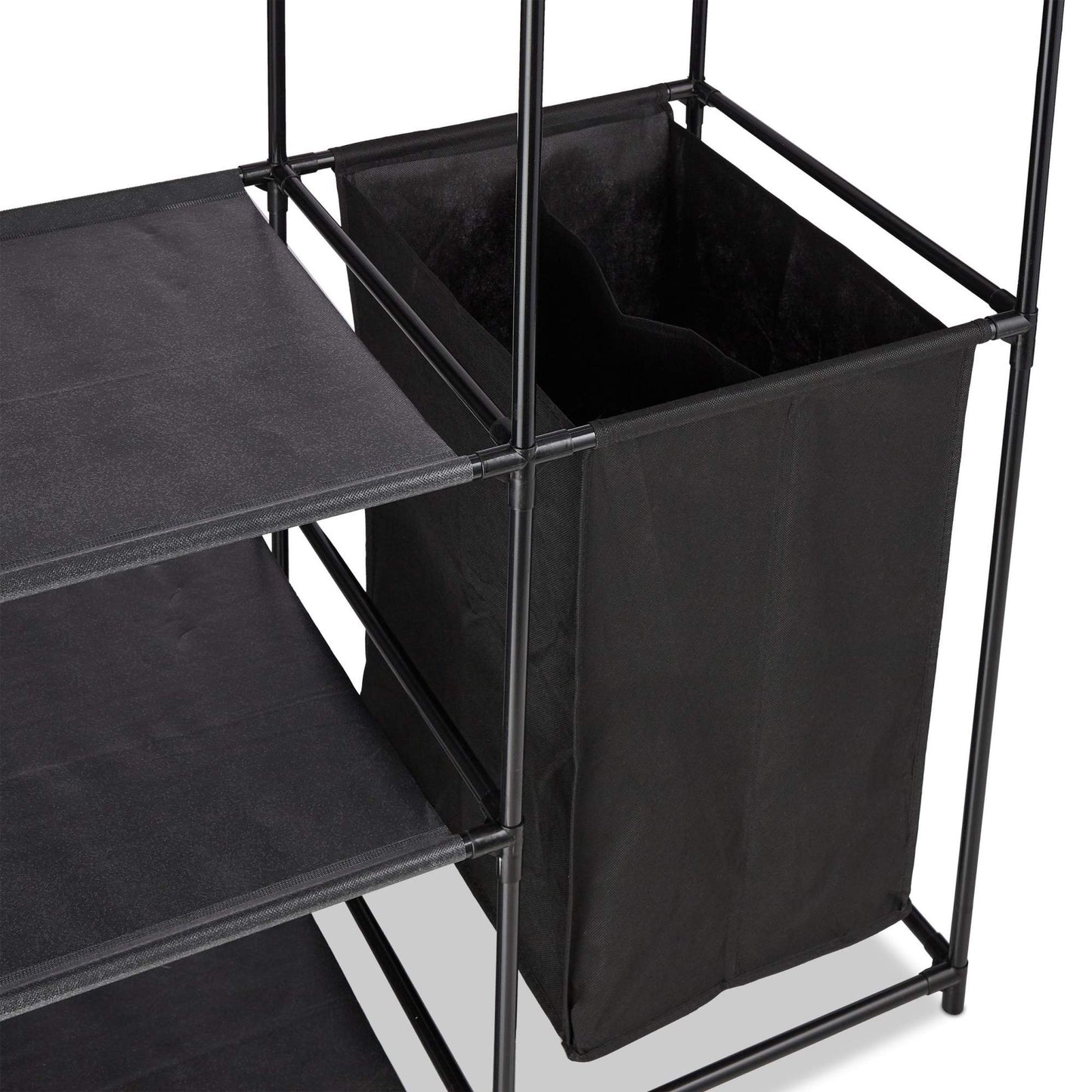 Open wardrobe with laundry basket