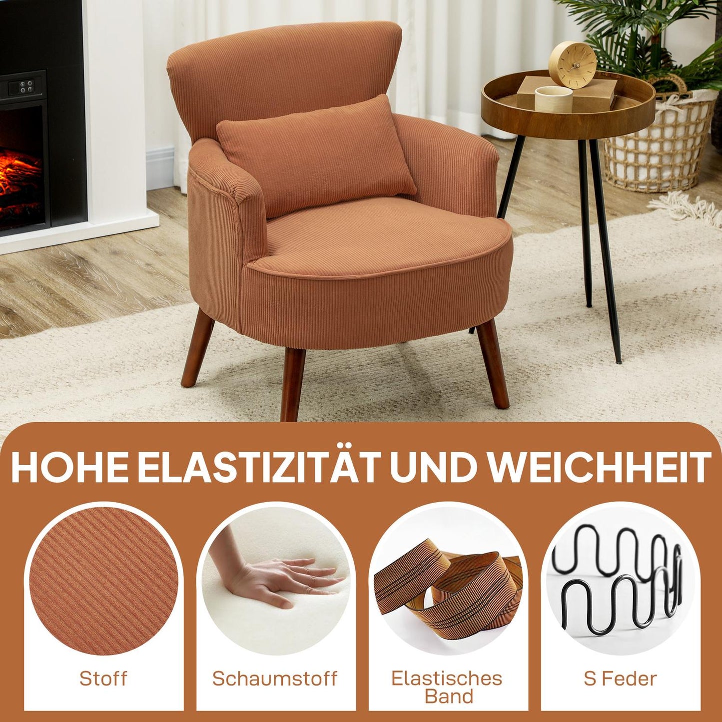 Orange Corduroy Armchair – High-Density Foam, Wood Frame