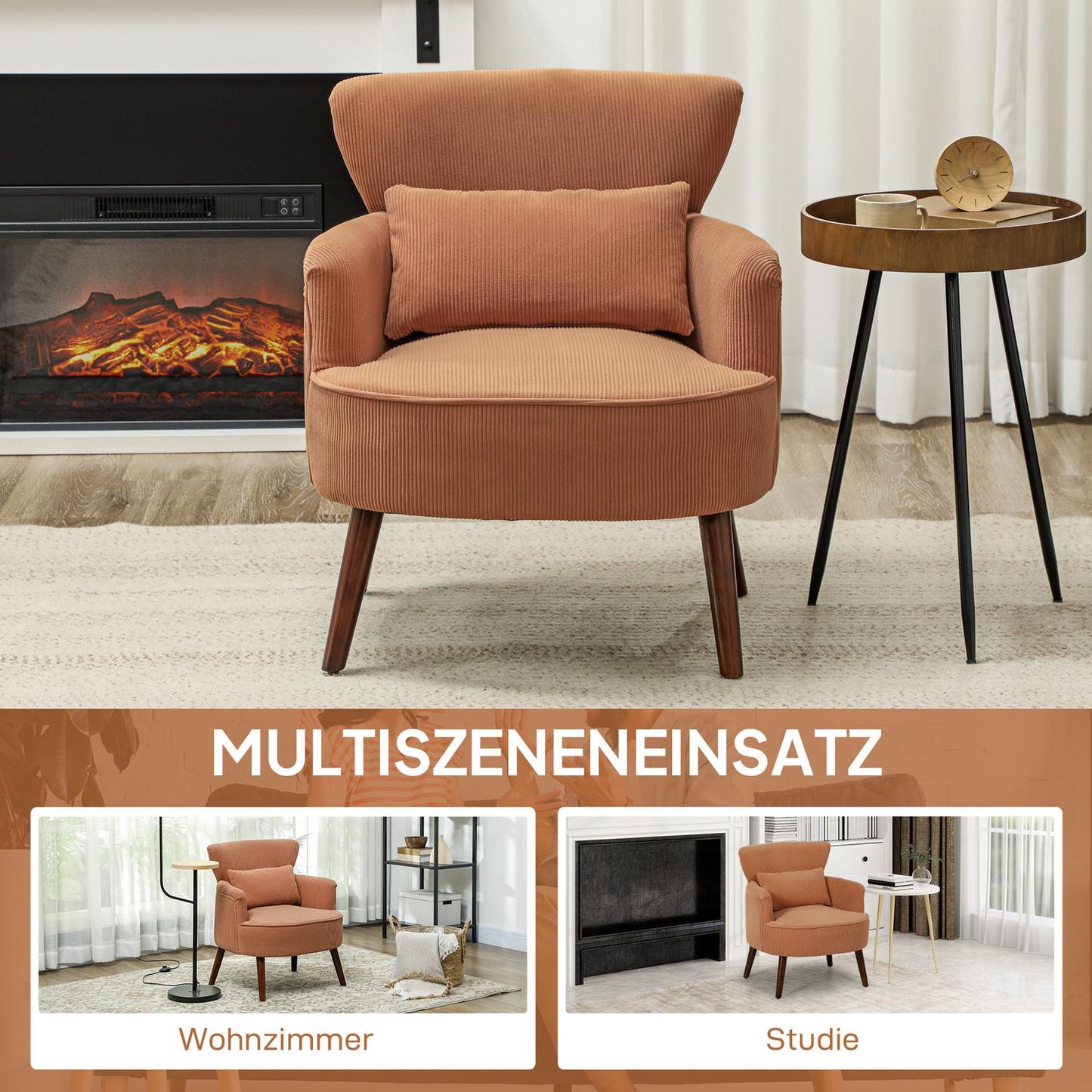 Orange Corduroy Armchair – High-Density Foam, Wood Frame