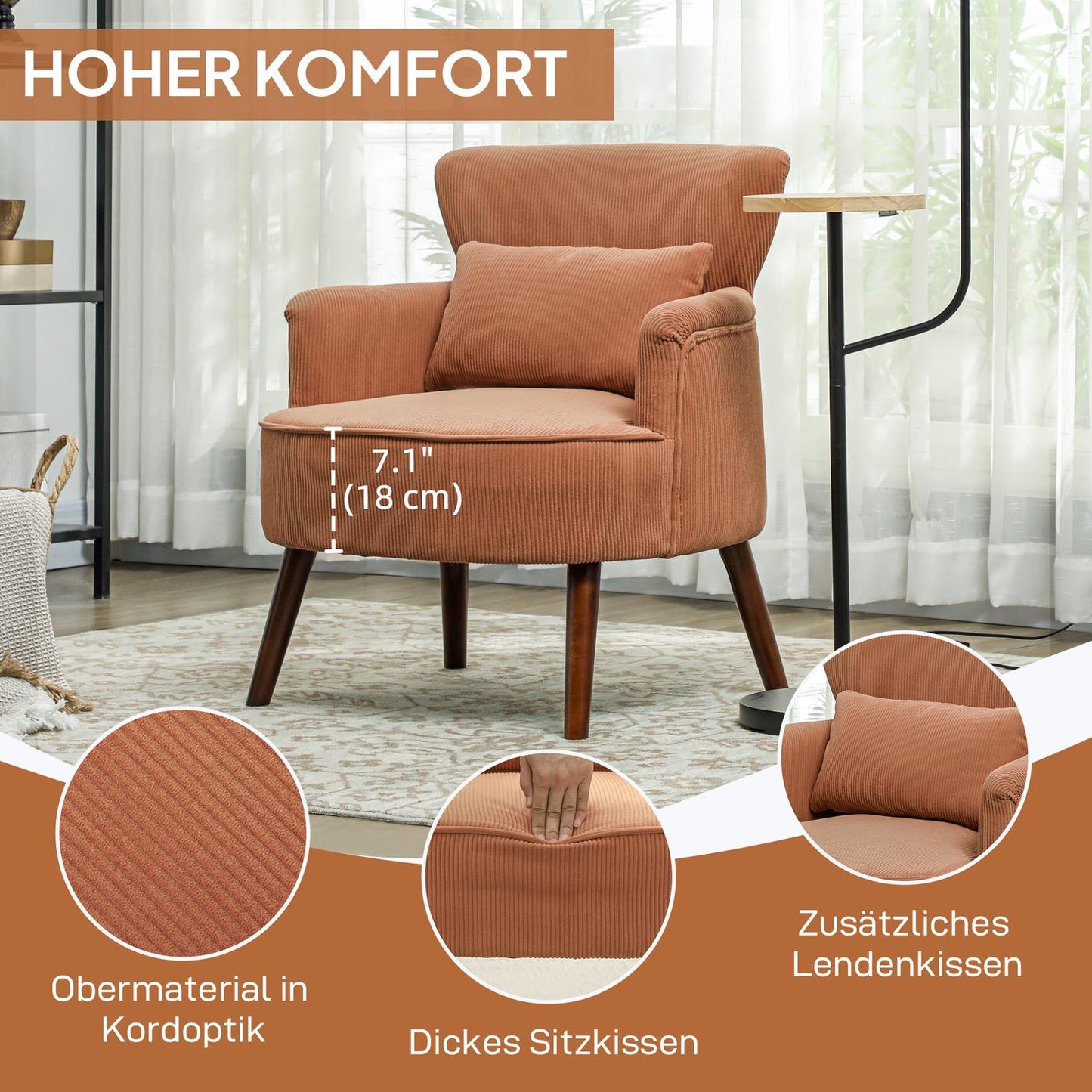 Orange Corduroy Armchair – High-Density Foam, Wood Frame