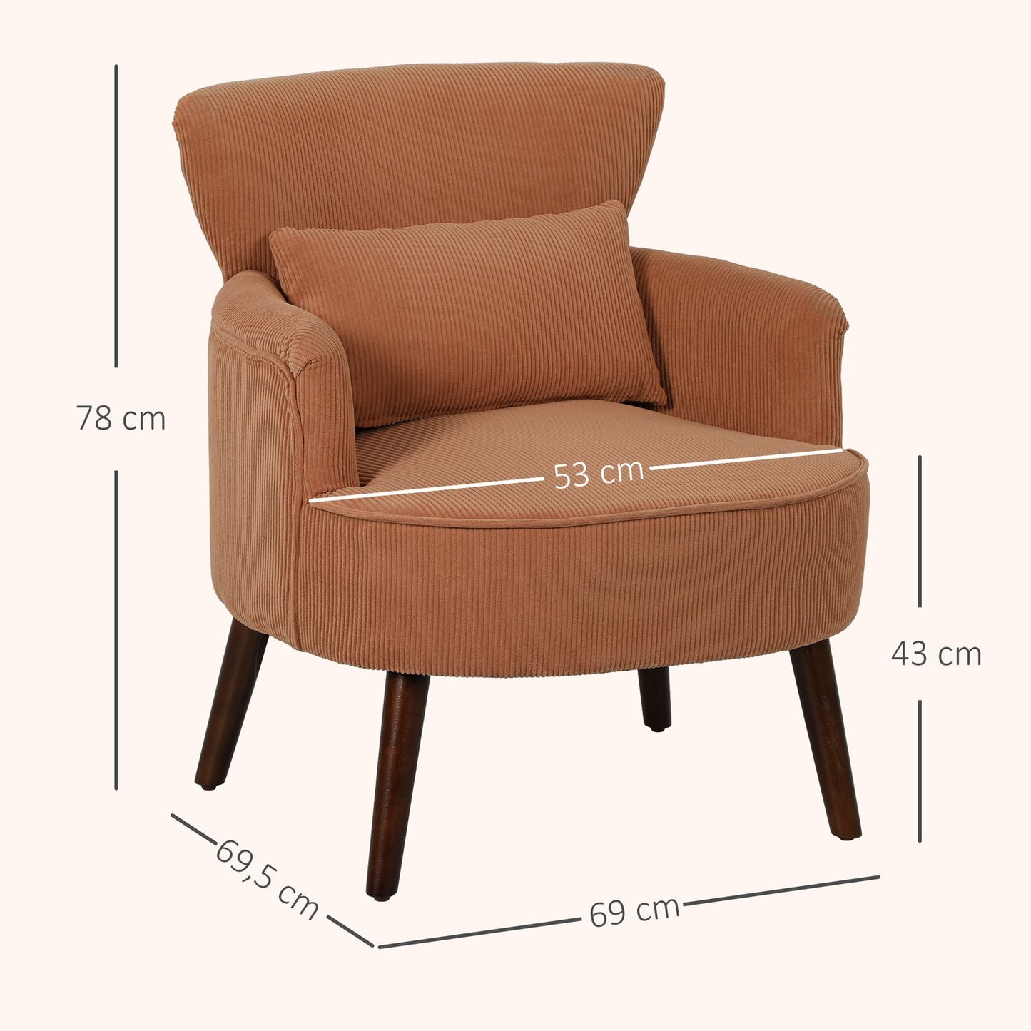 Orange Corduroy Armchair – High-Density Foam, Wood Frame