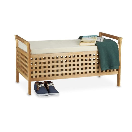 Ottoman Bench Walnut Storage Seat w/ Linen Cushion, Storage Bench 46.5x92.6x49cm