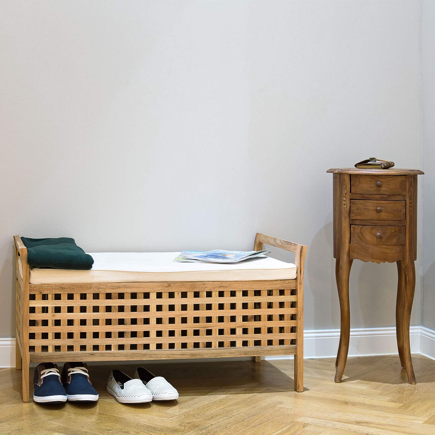 Ottoman Bench Walnut Storage Seat w/ Linen Cushion, Storage Bench 46.5x92.6x49cm
