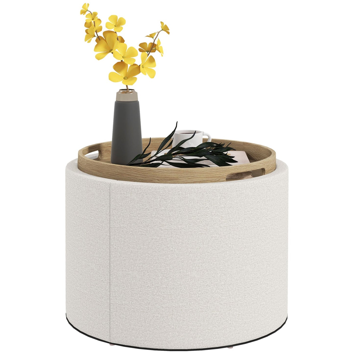 Round ottoman stool with storage, linen look, cream