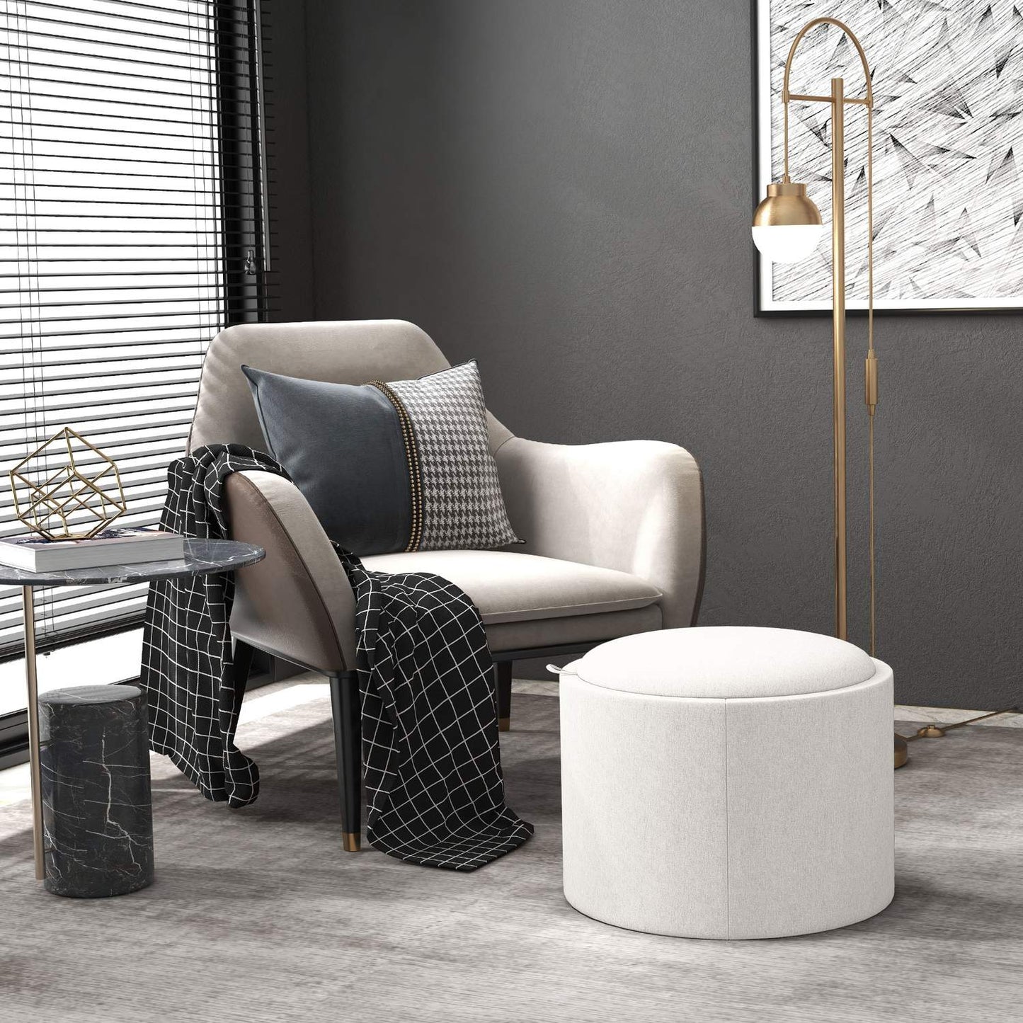 Round ottoman stool with storage, linen look, cream