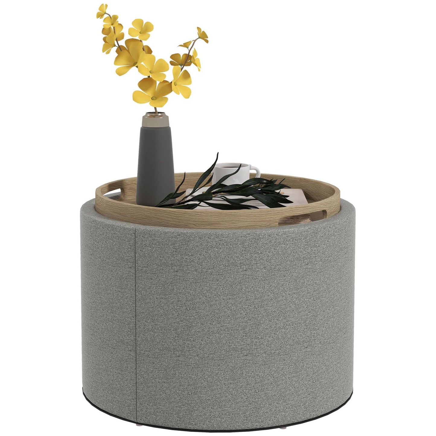 Round ottoman stool with storage, gray linen - Ø56 x 42 cm