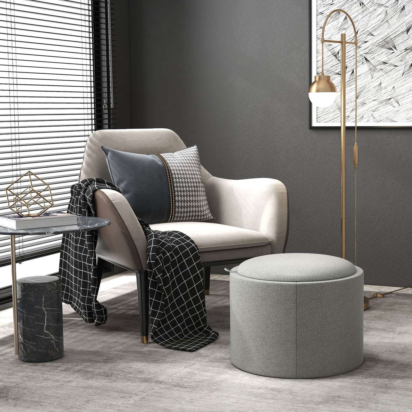 Round ottoman stool with storage, gray linen - Ø56 x 42 cm