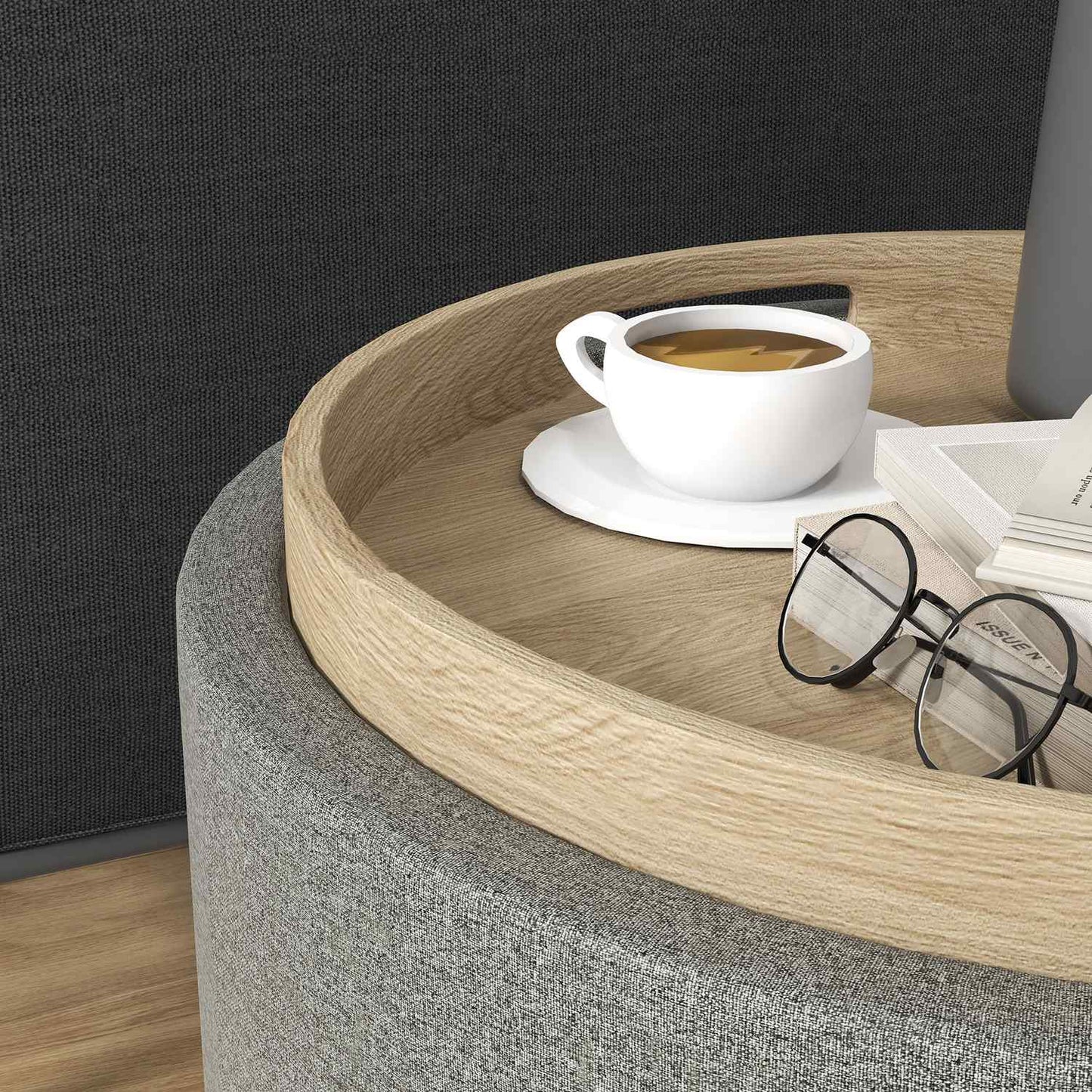 Round ottoman stool with storage, gray linen - Ø56 x 42 cm