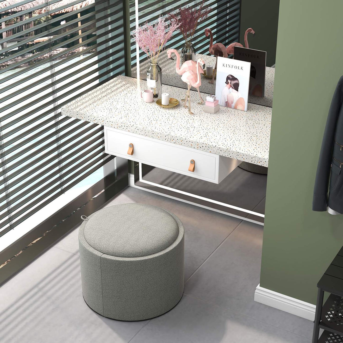 Round ottoman stool with storage, gray linen - Ø56 x 42 cm