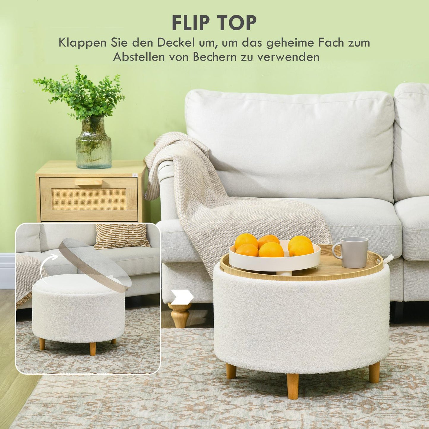 Round ottoman stool with storage, folding lid, white
