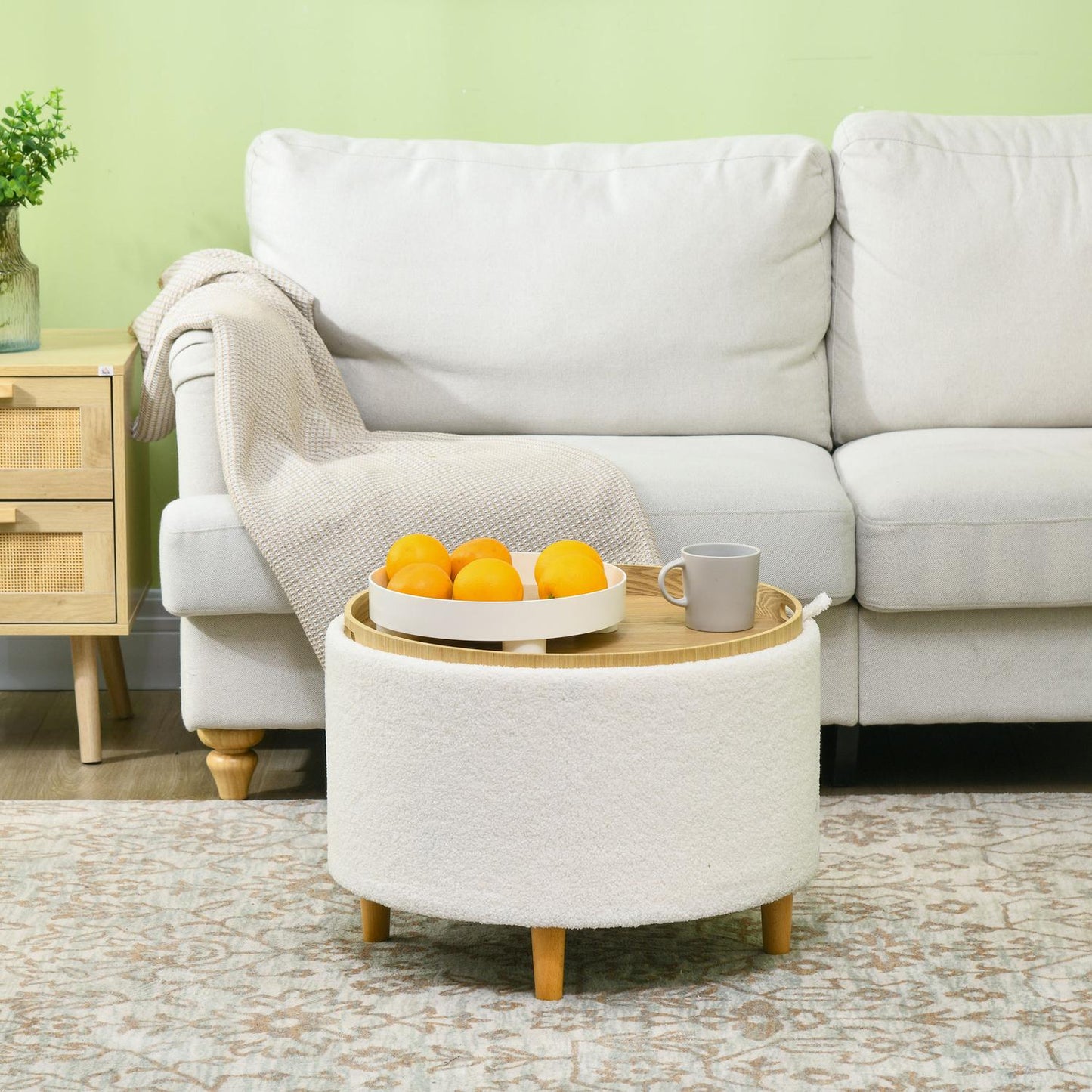 Round ottoman stool with storage, folding lid, white