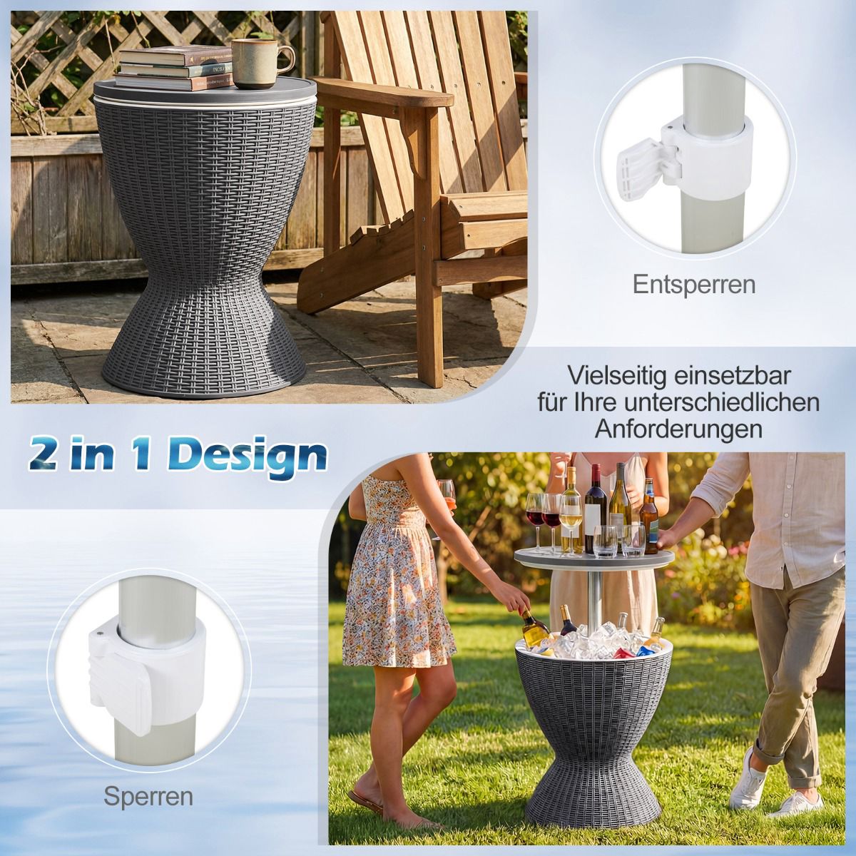 Outdoor 3-in-1 Cool Bar, 30L Ice Cooler & Table, Grey