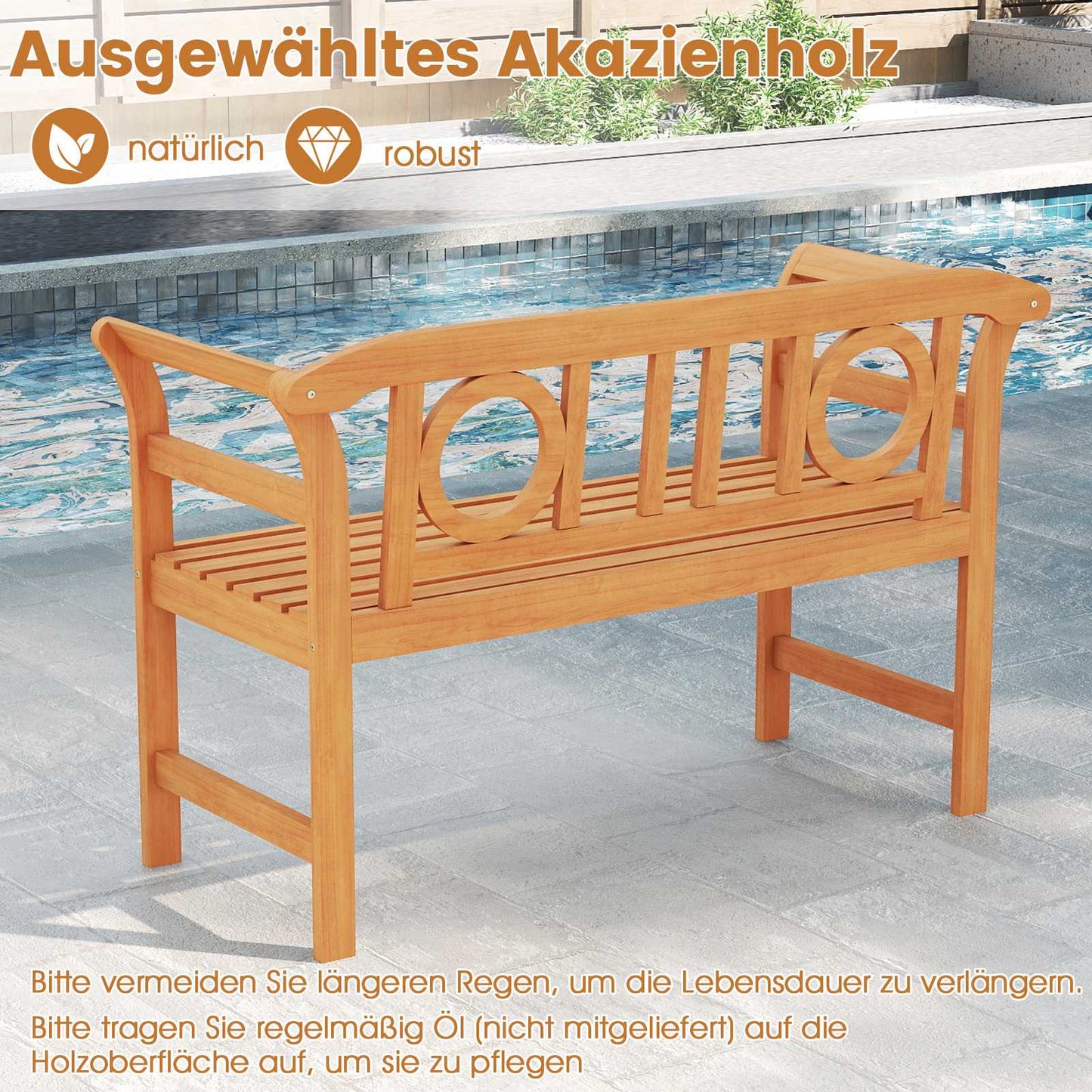 Outdoor Acacia Wood Bench, 2-Seater, 360 kg Capacity