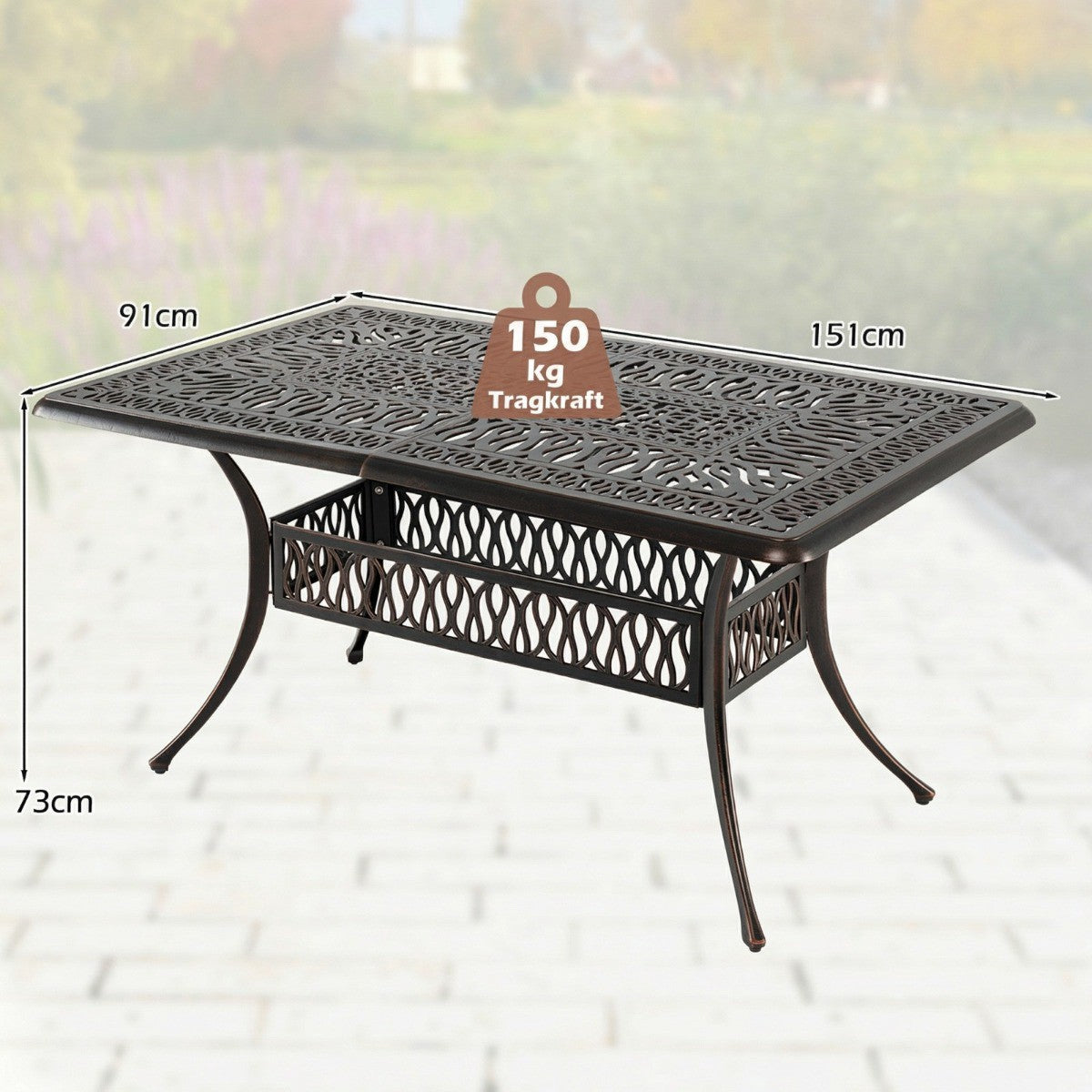 Outdoor Aluminum Patio Table with Umbrella Hole, 151x91 cm