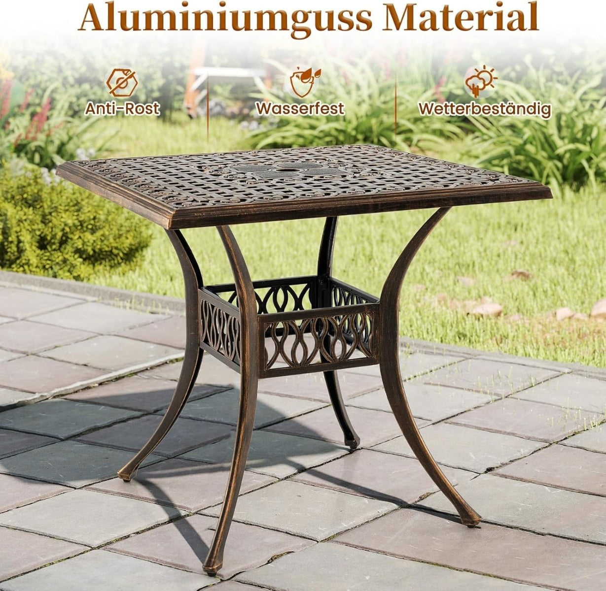 Outdoor Aluminum Patio Table with Umbrella Hole, 80x80 cm