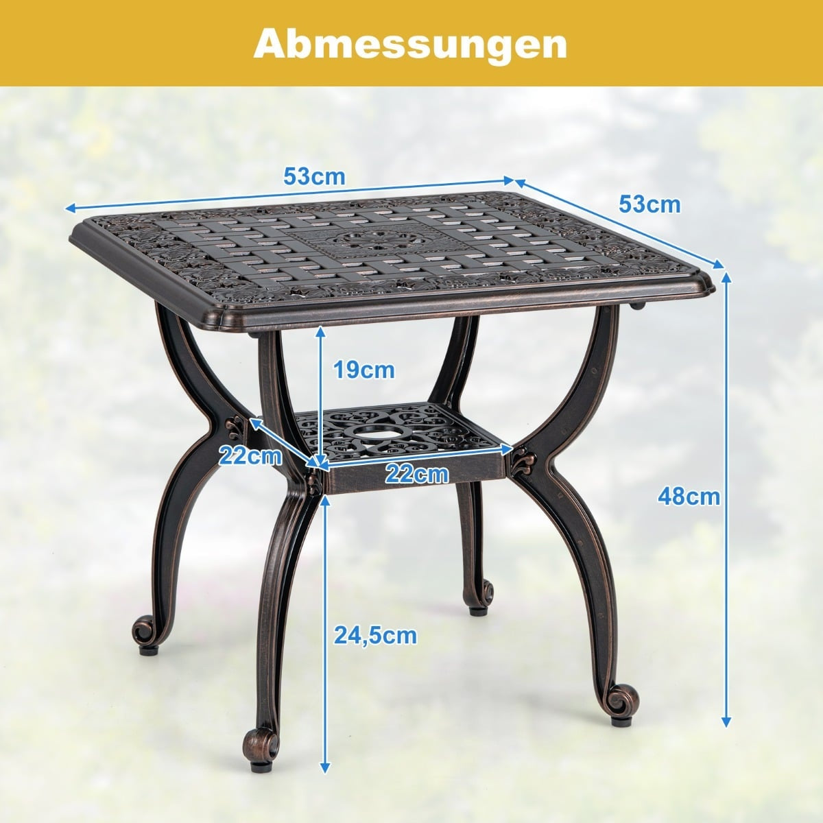 Outdoor Aluminum Side Table, Copper, 53x53x48 cm, 2-Tier