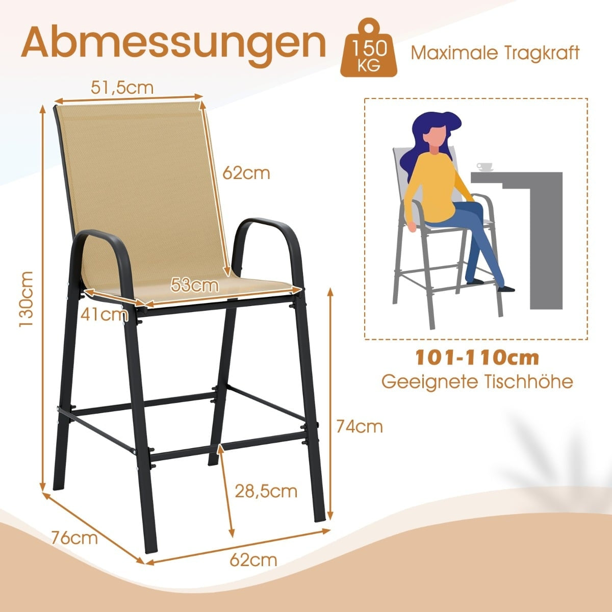 Outdoor Bar Stools Set, High Back & Armrests, 150kg Capacity