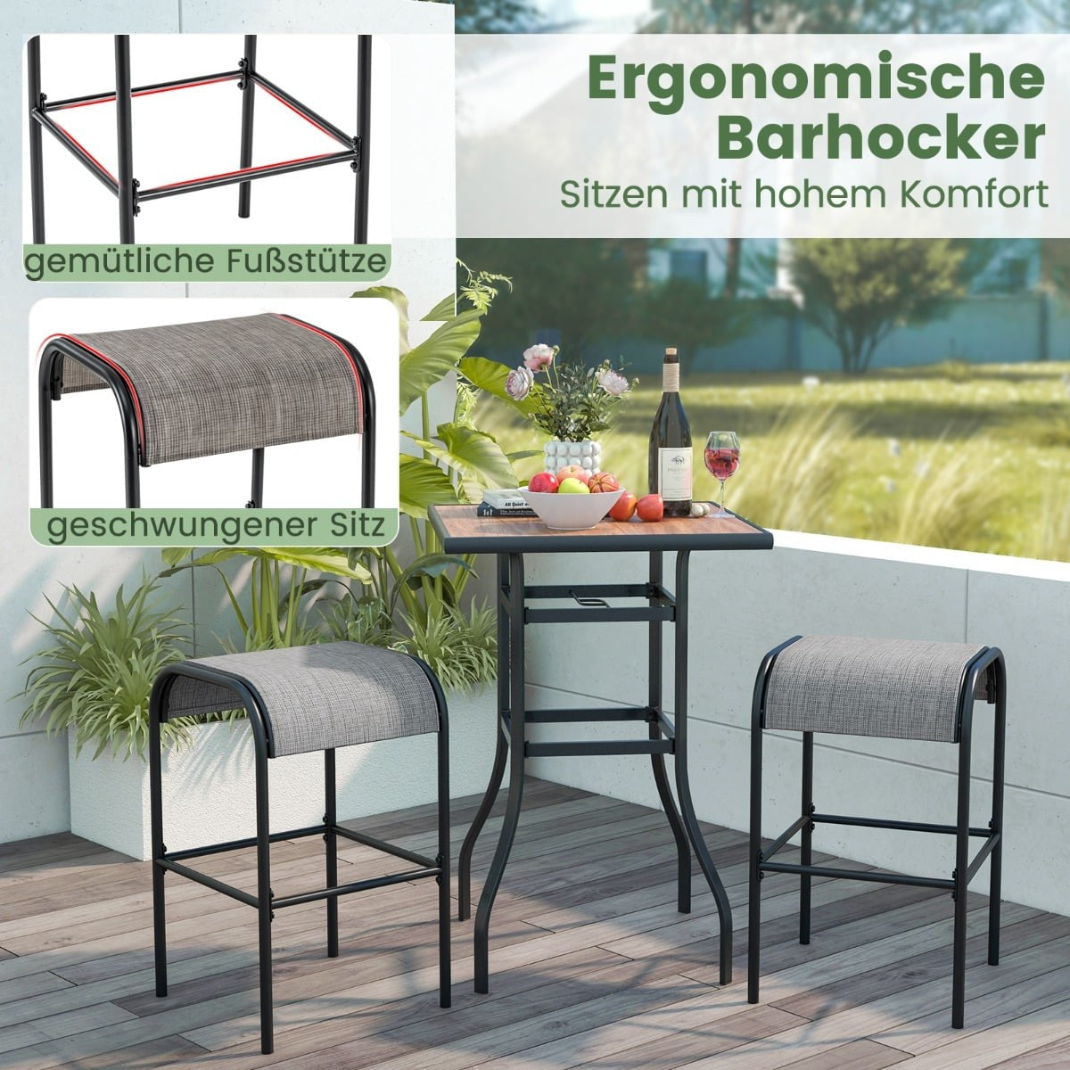 Outdoor Bar Stools, Set of 2, 76cm, Metal Frame, 180kg Capacity