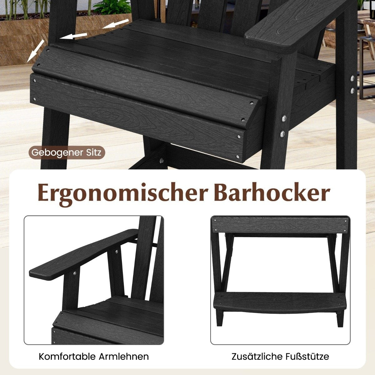Outdoor Bar Stool with Armrest & Footrest HDPE Patio Chair Weatherproof Pub Stool Black