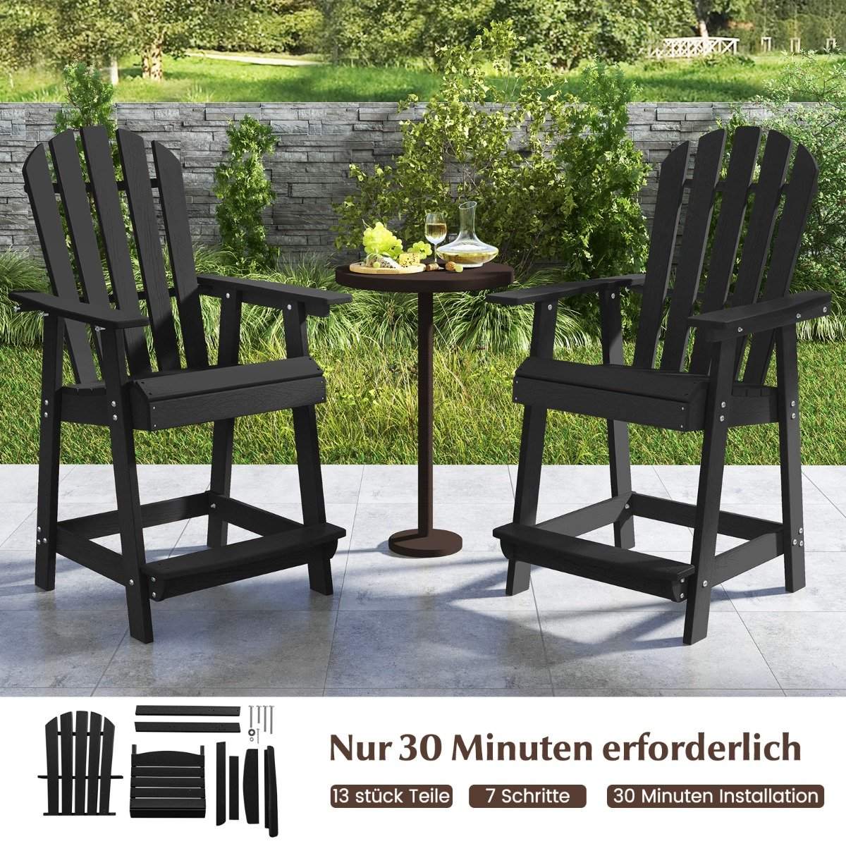 Outdoor Bar Stool with Armrest & Footrest HDPE Patio Chair Weatherproof Pub Stool Black