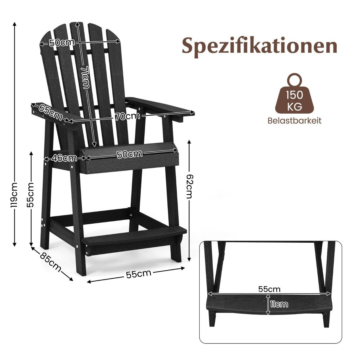 Outdoor Bar Stool with Armrest & Footrest HDPE Patio Chair Weatherproof Pub Stool Black