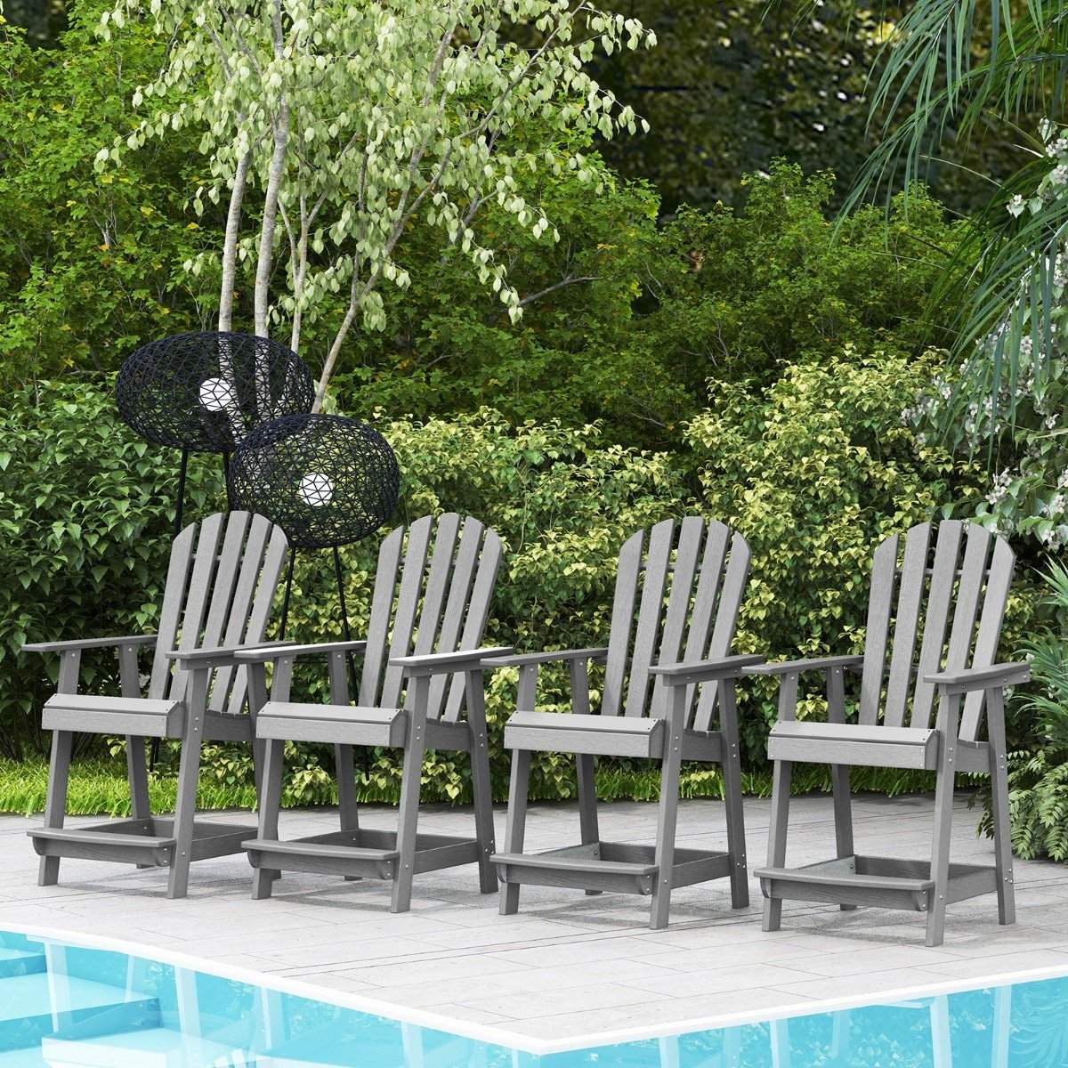 Outdoor Bar Stool with Armrest & Footrest HDPE Patio Chair Weatherproof Pub Stool Gray