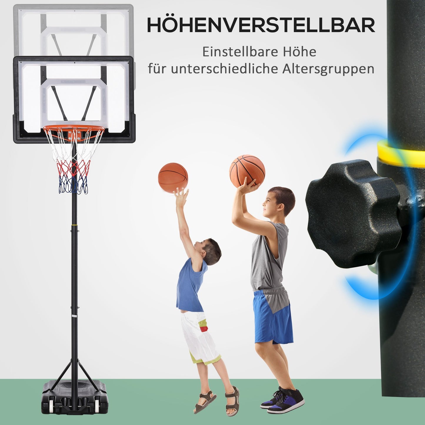 Height-adjustable outdoor basketball hoop with wheels, black