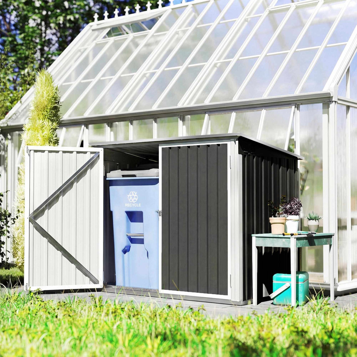Outdoor Bin Storage for 2 Bins, Galvanized Steel, Double Door