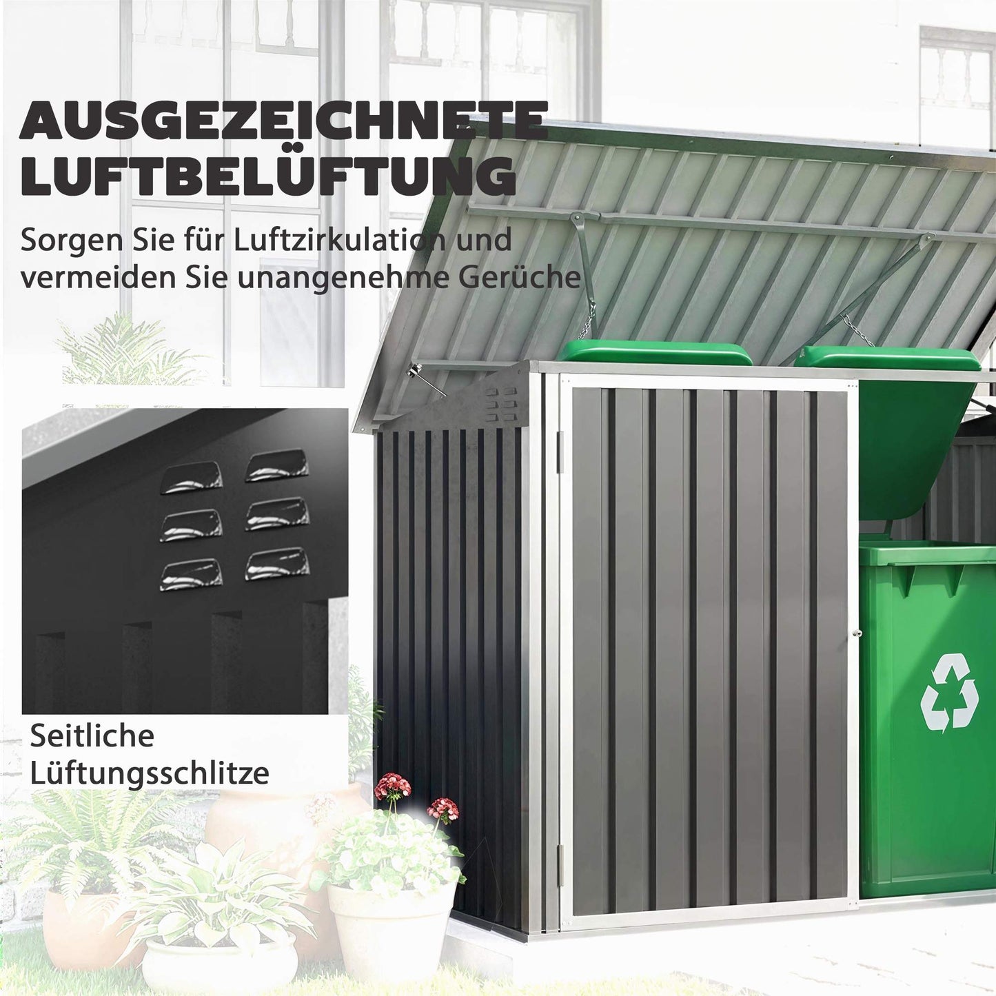Outdoor Bin Storage for 2 Bins, Galvanized Steel, Double Door