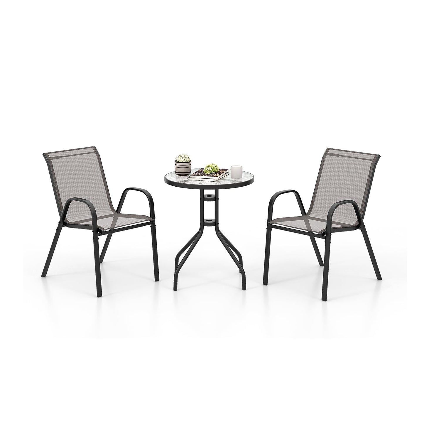 Outdoor Bistro Set – 2 Stackable Chairs, Round Table, Gray