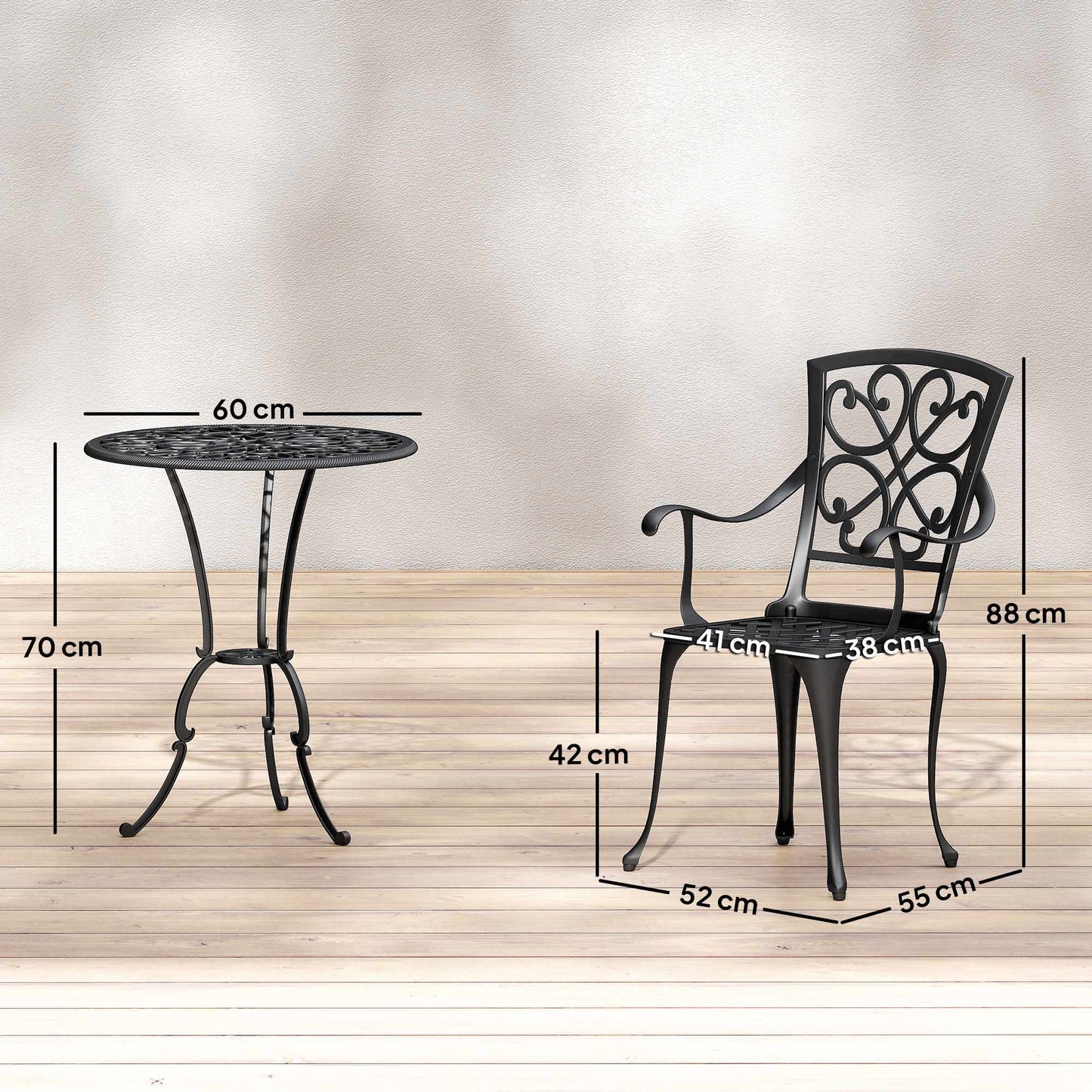 Outdoor Bistro Set, Cast Aluminum, Table & 2 Chairs, Black