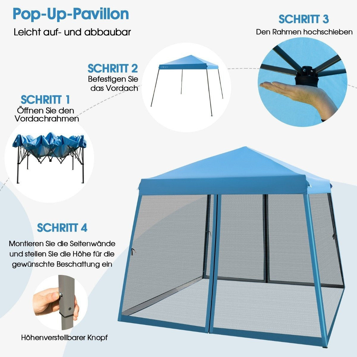 Outdoor Canopy Tent, 3x3m, Blue, Mesh Sides, UV Protection