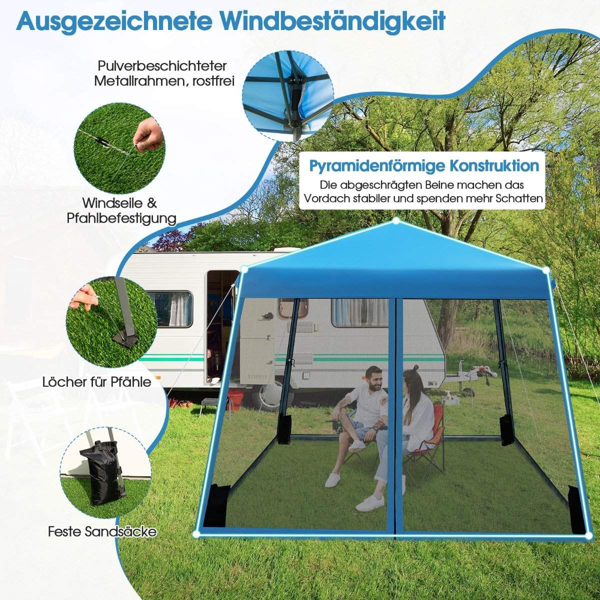 Outdoor Canopy Tent, 3x3m, Blue, Mesh Sides, UV Protection