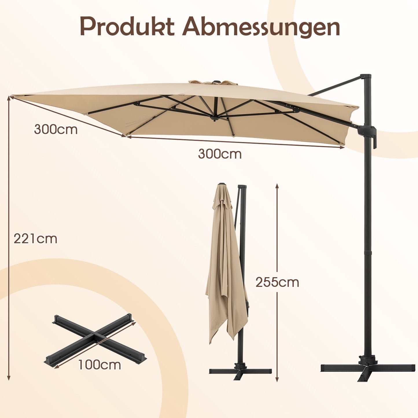 Outdoor Cantilever Umbrella 300x300 cm, Beige, 360 Rotation