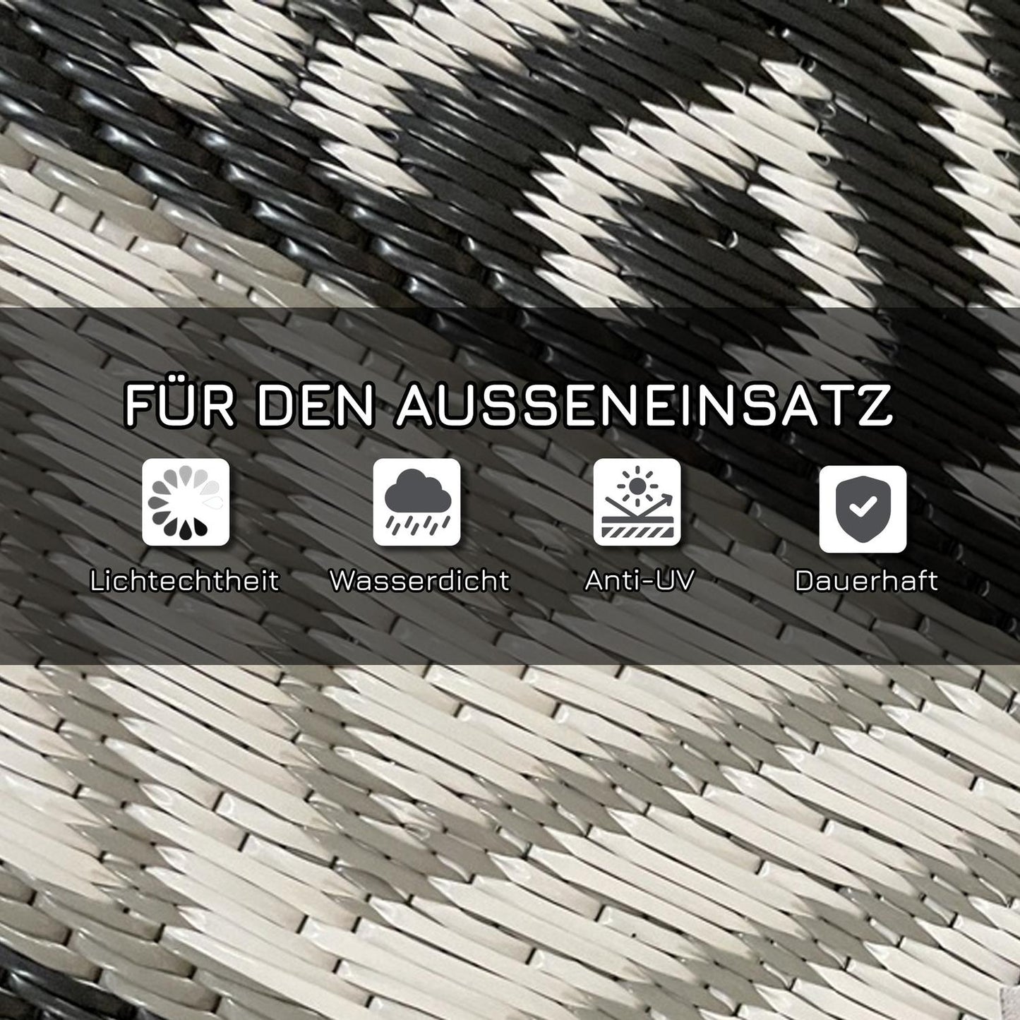 Round waterproof outdoor mat - reversible, 180 cm, gray & black