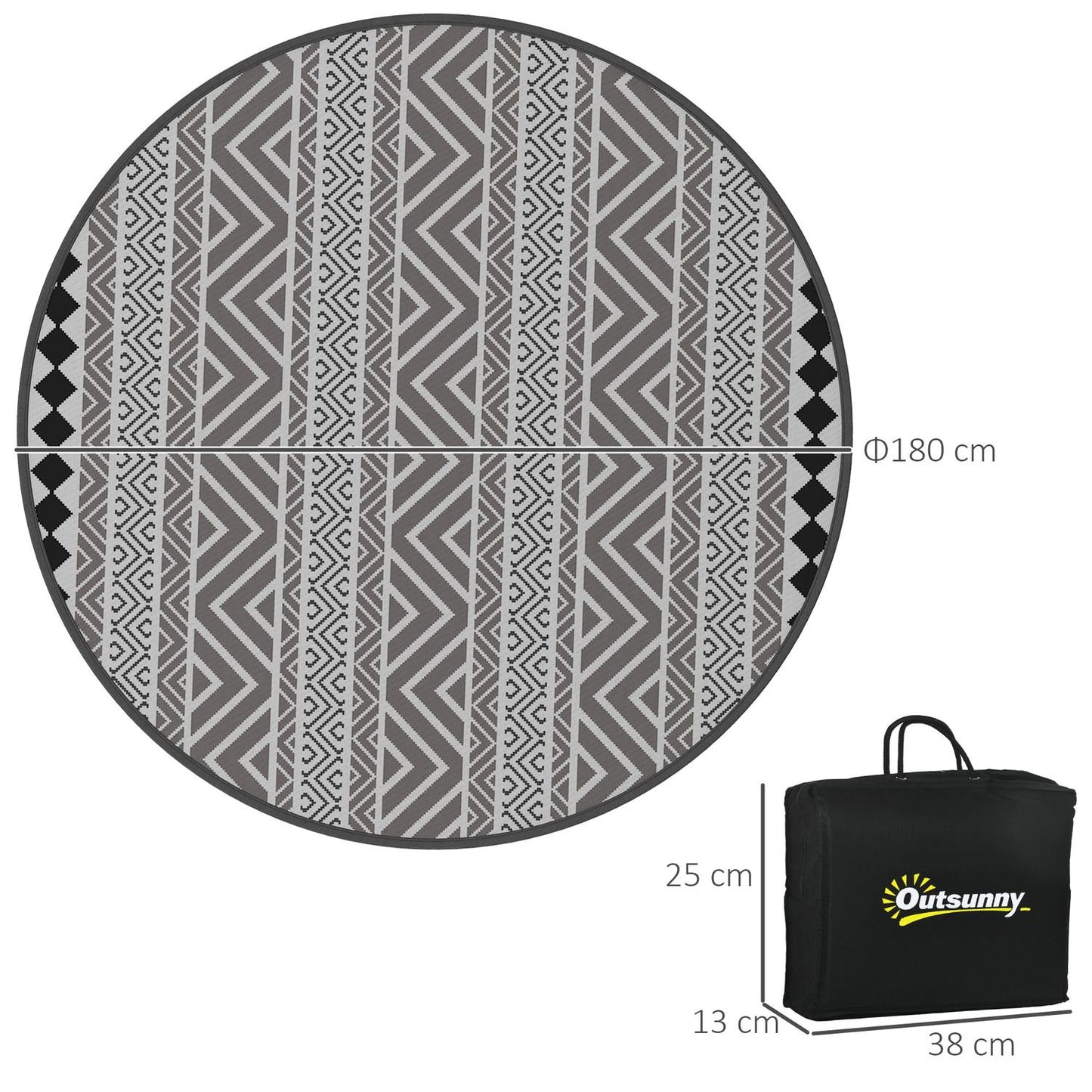 Round waterproof outdoor mat - reversible, 180 cm, gray & black