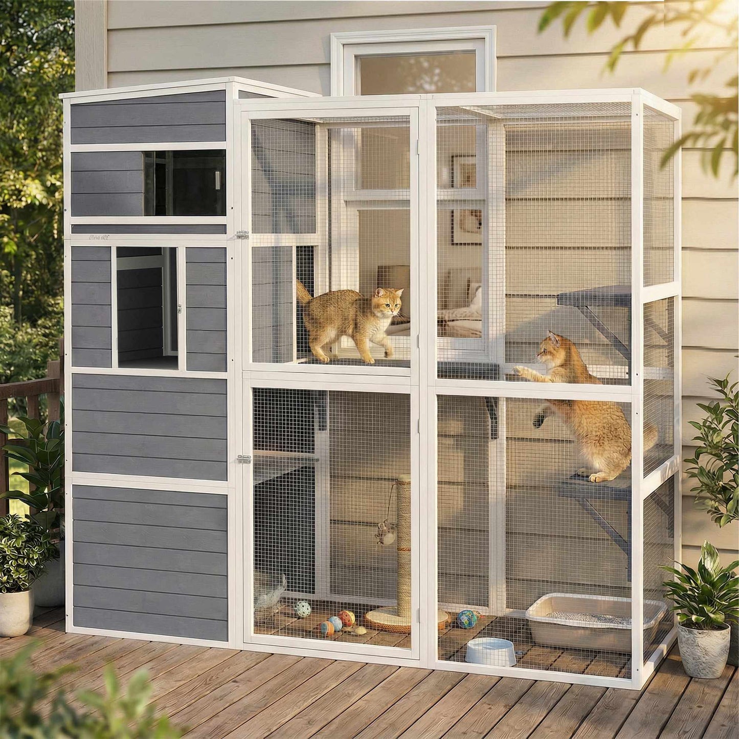 Outdoor Cat Enclosure with 3 Platforms, Weatherproof Roof