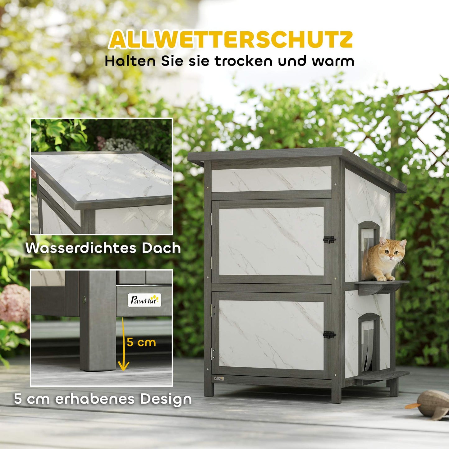 Outdoor Cat House, Waterproof Wood Shelter, Multiple Entrances