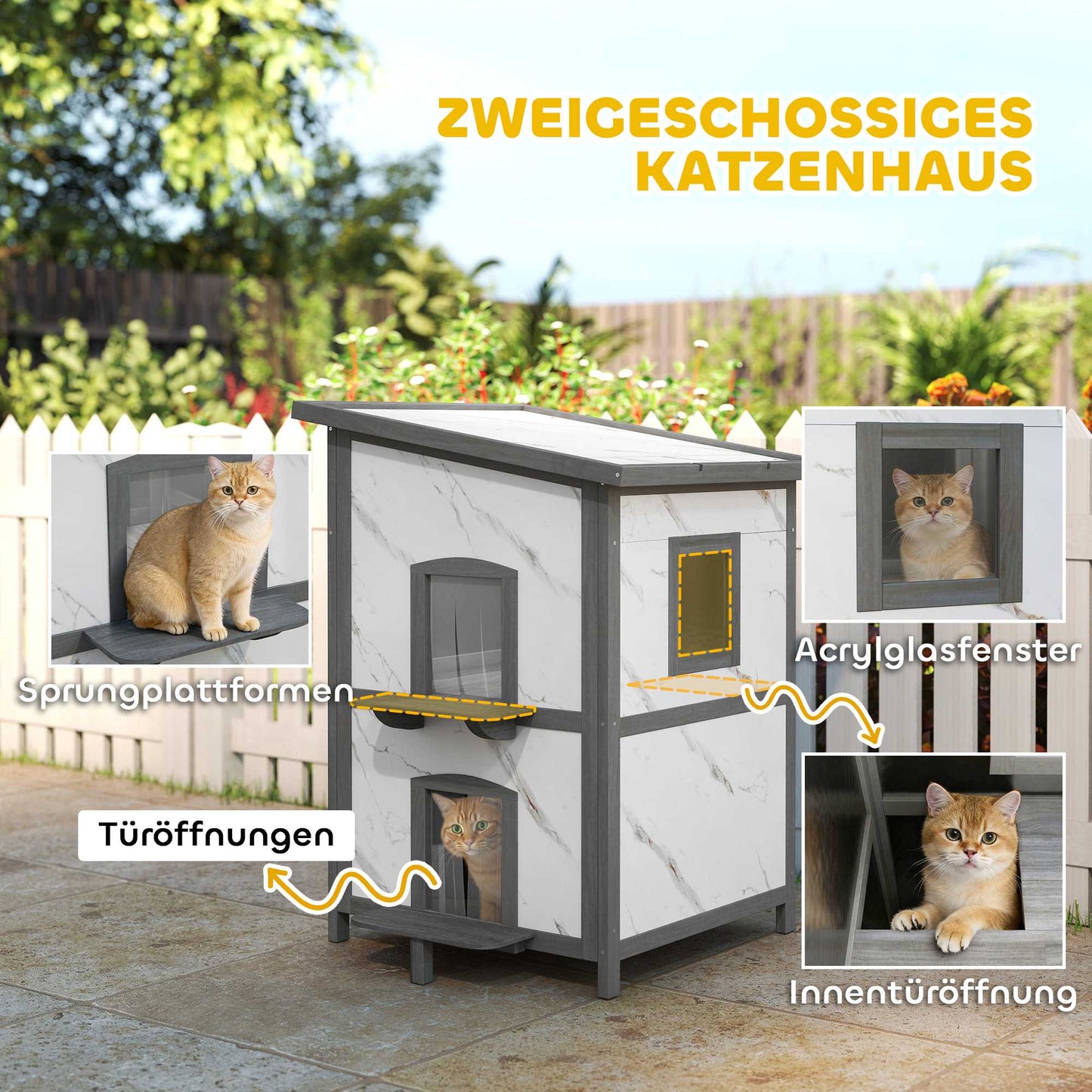 Outdoor Cat House, Waterproof Wood Shelter, Multiple Entrances