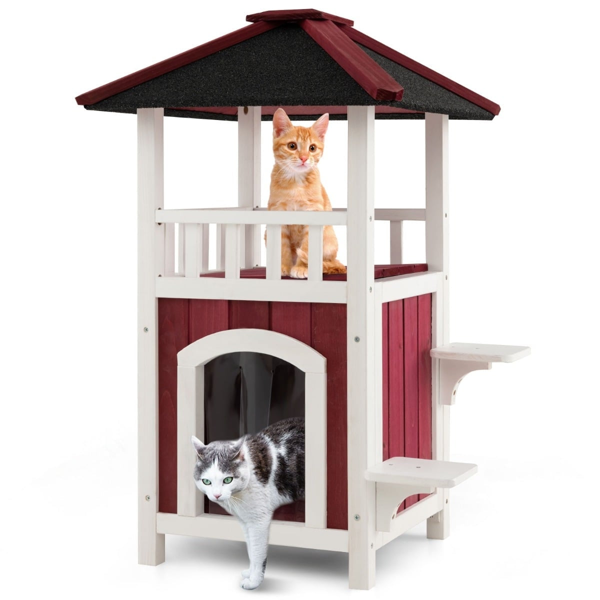 Outdoor Cat House with Balcony, Asphalt Roof, PVC Curtain