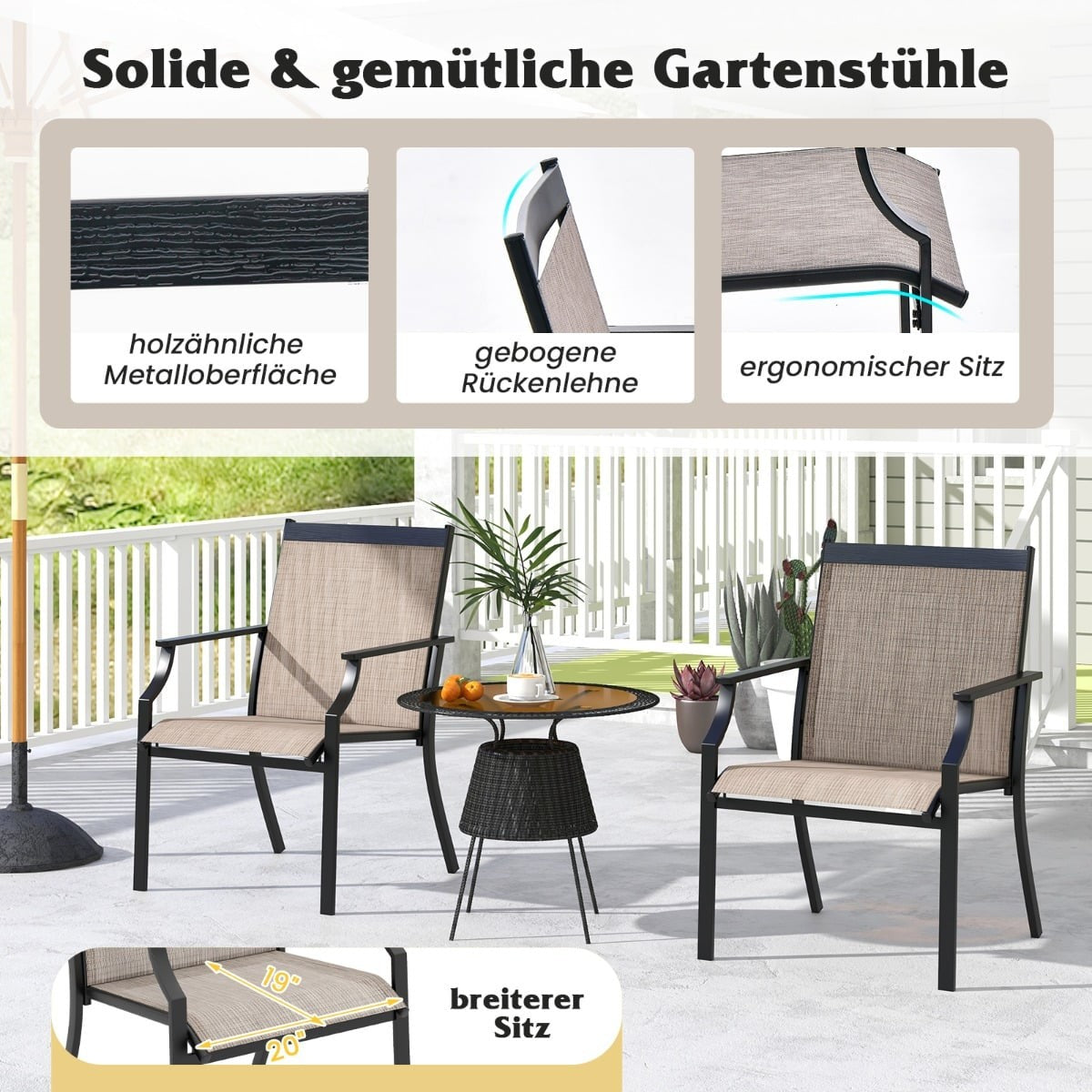 Outdoor Chairs Set of 2, Breathable Fabric, Metal Frame