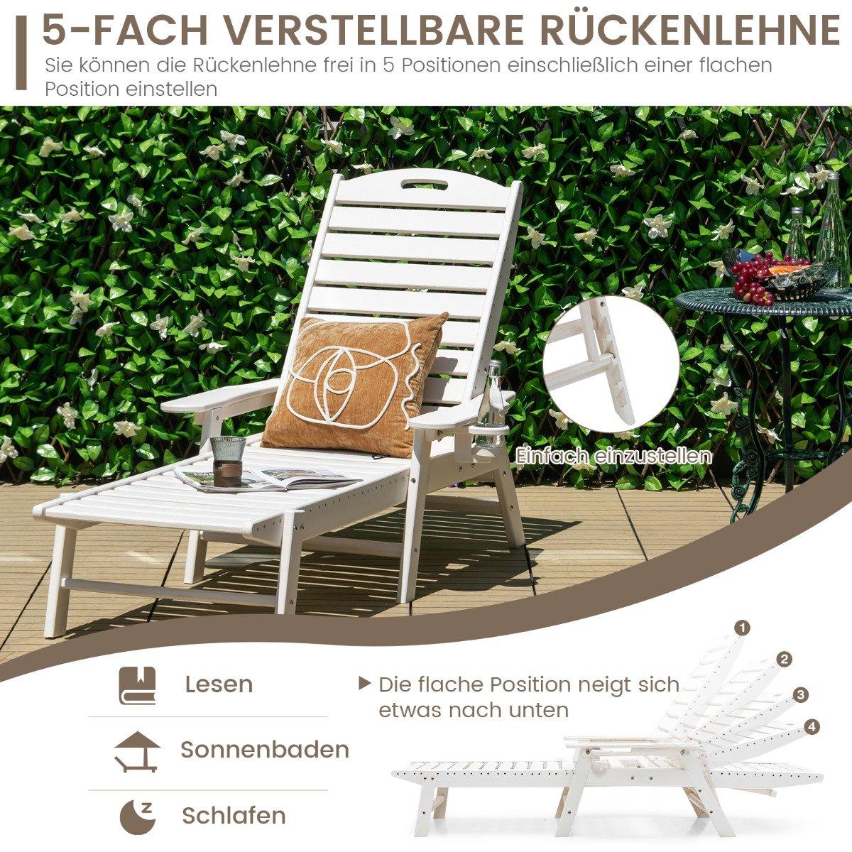 Outdoor Chaise Lounge Chair Patio HDPE Deck Chair Backrest Adjustable White