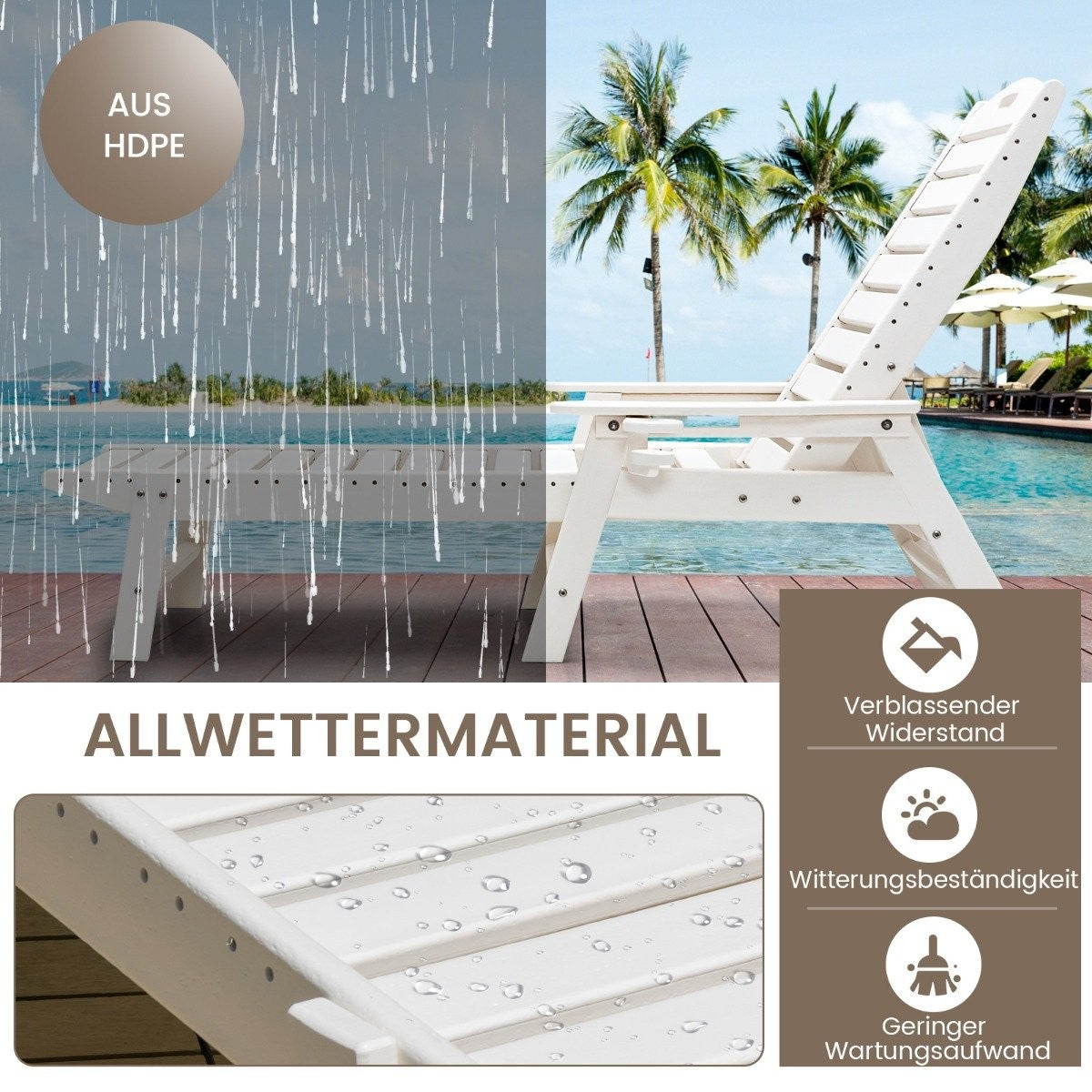 Outdoor Chaise Lounge Chair Patio HDPE Deck Chair Backrest Adjustable White