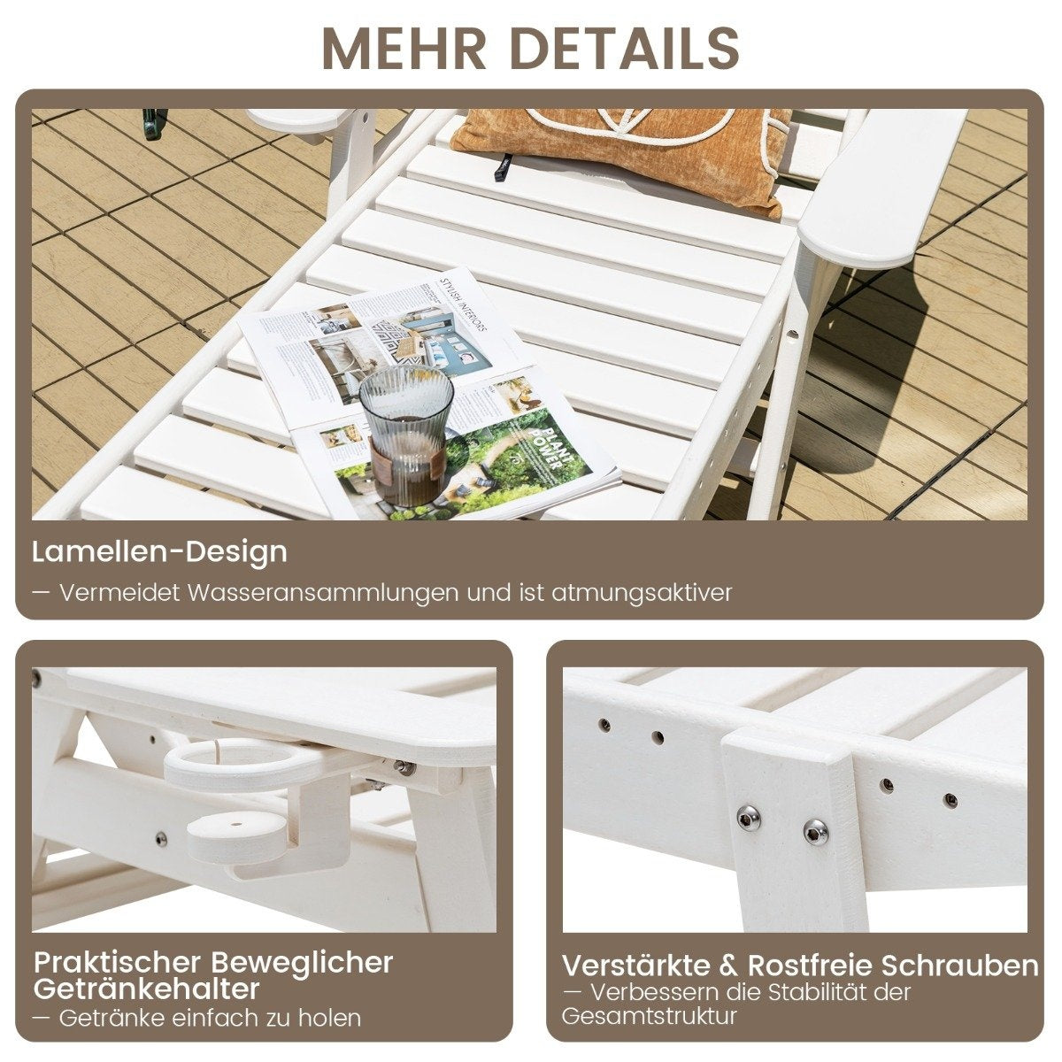 Outdoor Chaise Lounge Chair Patio HDPE Deck Chair Backrest Adjustable White