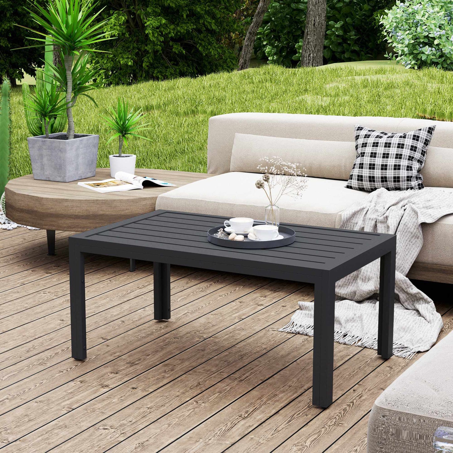 Outdoor Coffee Table, Slatted Top, Galvanized Steel, Grey