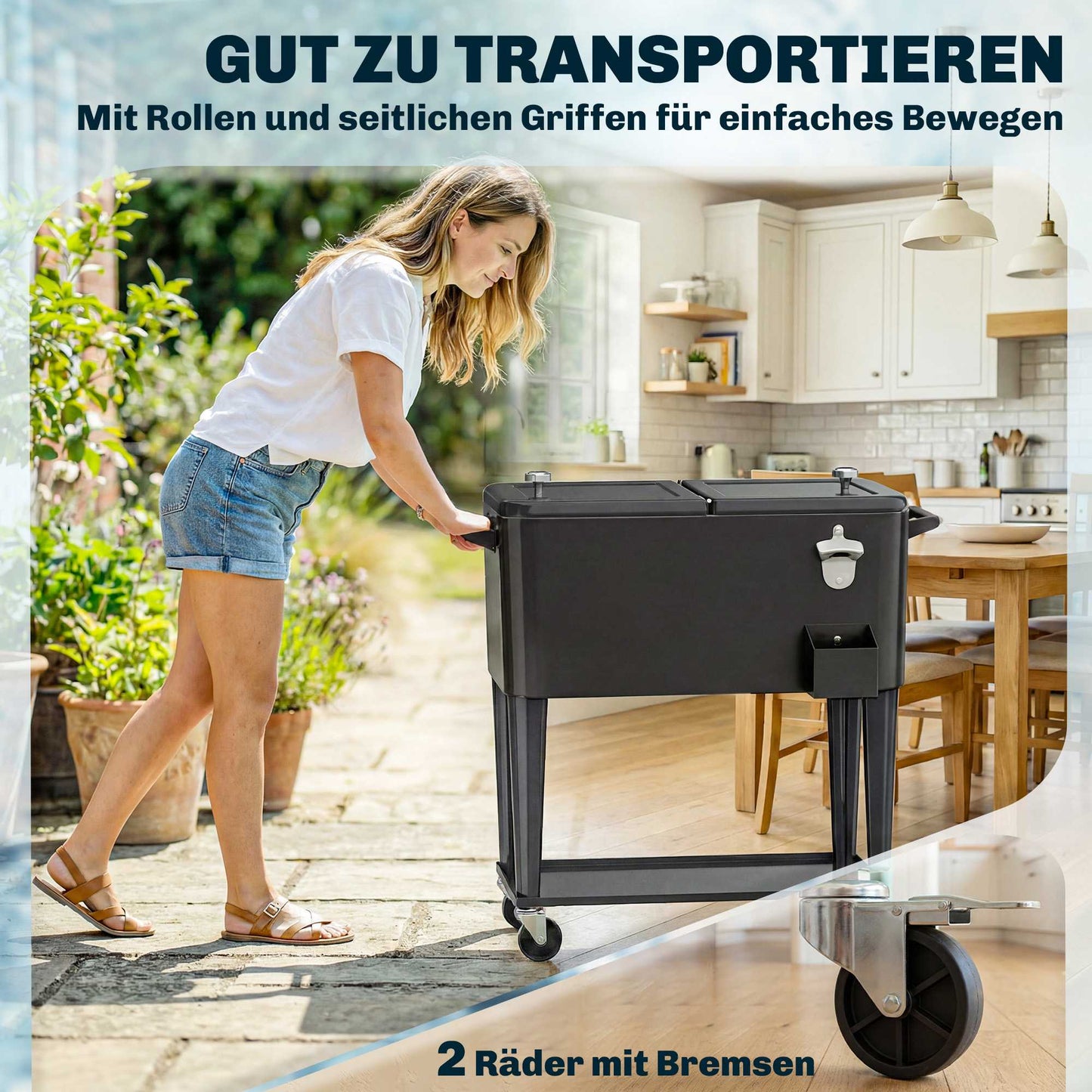 Outdoor Cooler Cart, 76L Capacity, Black, with Wheels